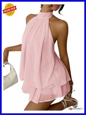 Chiffon Halter Drop Waist Ruffle Loose Fit Mini Dress
